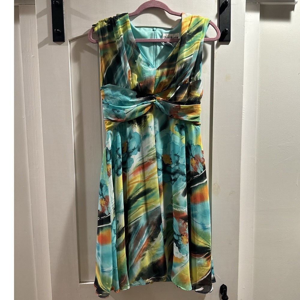 Sheri Martin New York Green Blue Water Color Sleeveless V Neck Dress Sz 6 Short